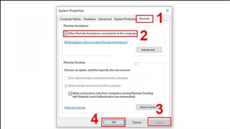Chọn mục Allow Remote Assistance Connections to this Computer trong tab Remote
