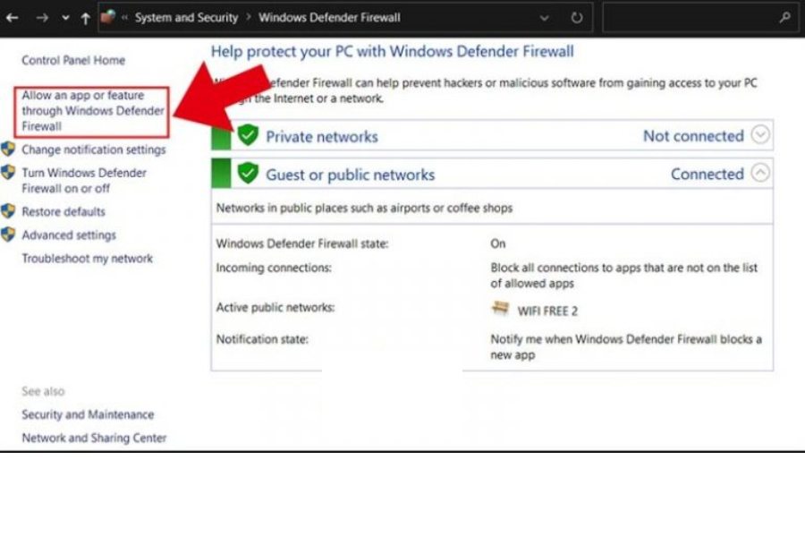Bấm vào mục Allowed an app or feature through Windows Defender Firewall trên màn hình