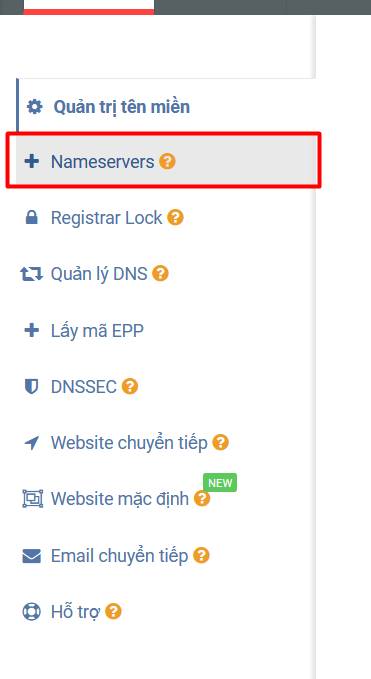 Nhấn chọn Nameserver trong thanh quản lí
