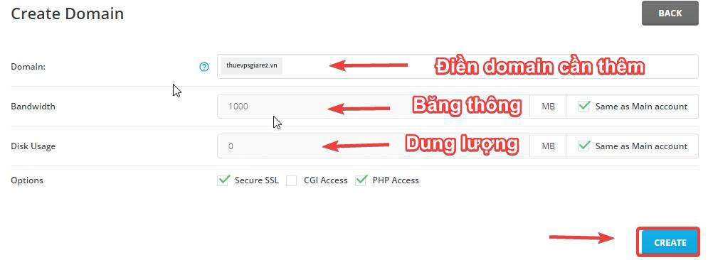 Điền thông tin domain mới