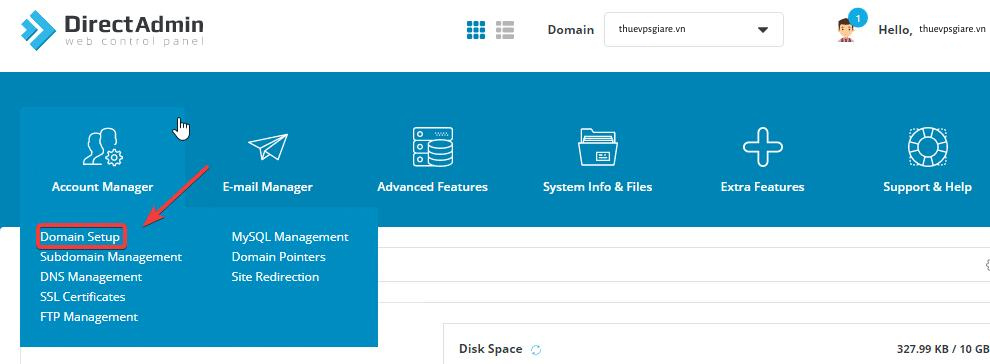 Nhấp chuột vào phần Account Manager > Domain Setup.