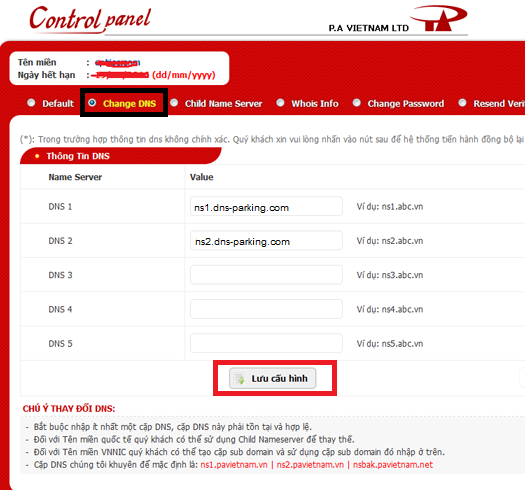 Nhập thông tin Nameserver rồi lưu cấu hình
