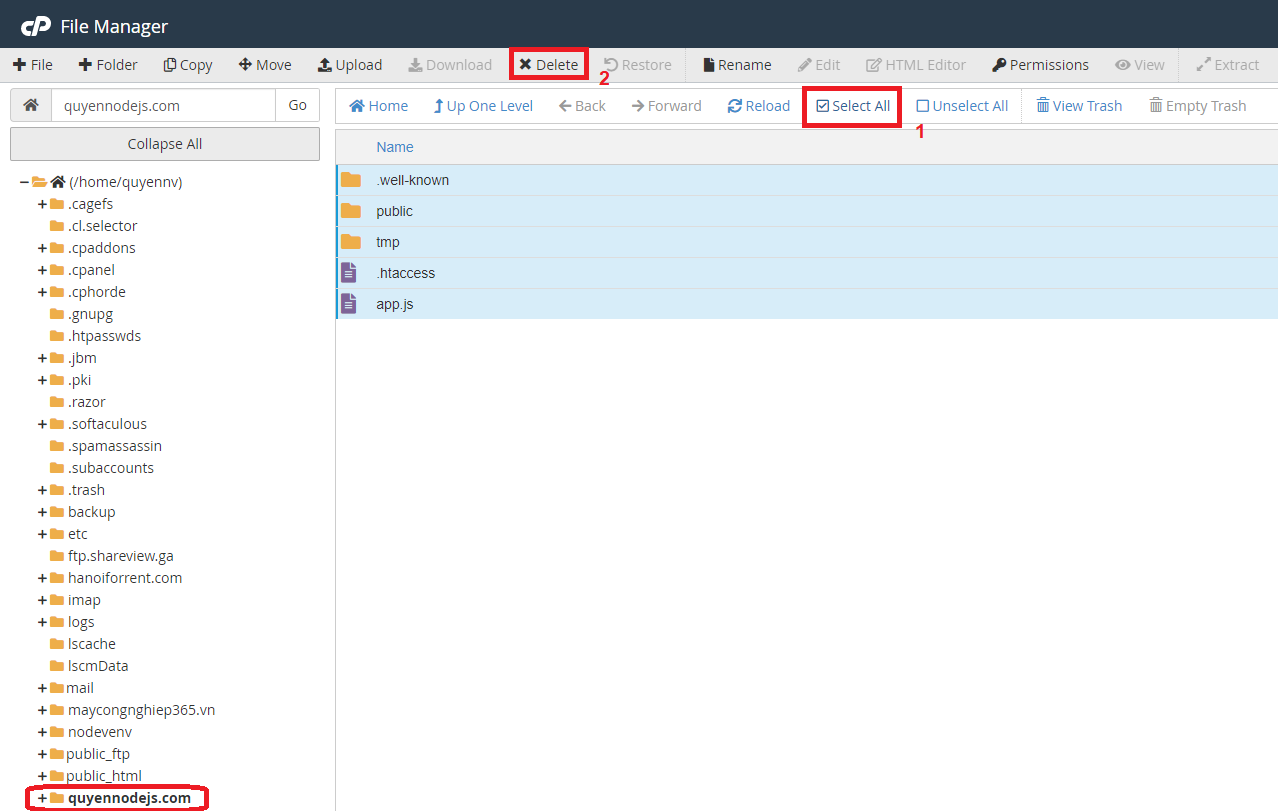Xóa trong File Manager