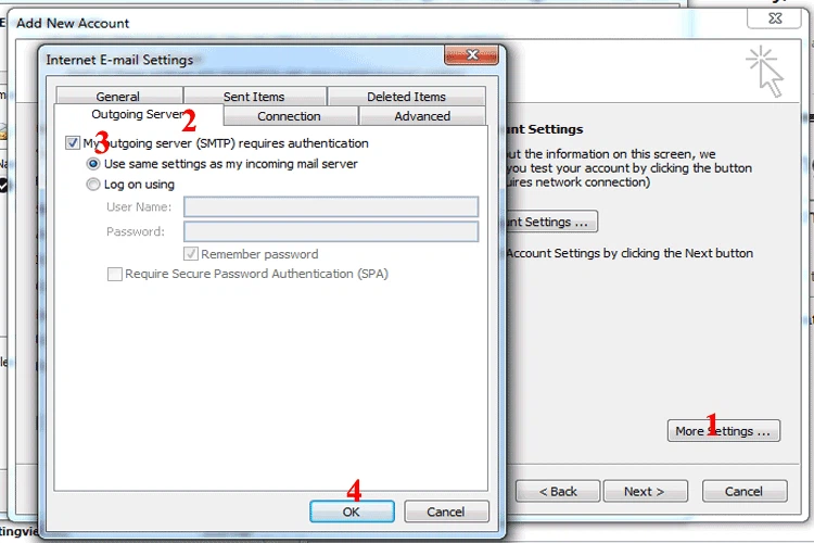 Chọn More Settings - Outgoing Server - tiến hành cài đặt theo hướng dẫn