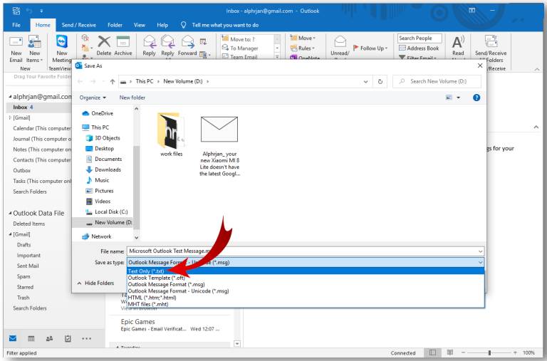 Nhấn chọn vào mũi tên bên cạnh mục Save as type - chọn Text Only