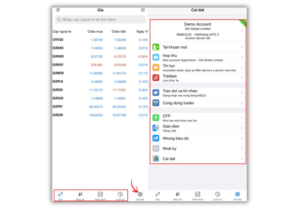 Giao diện MetaTrader 5 trong phần cài đặt