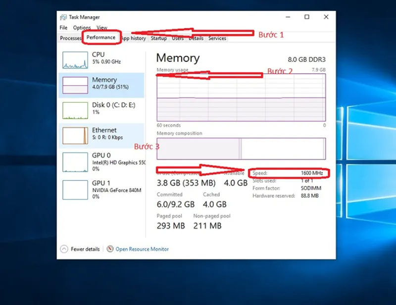 Kiểm tra Bus RAM bằng Task Manager