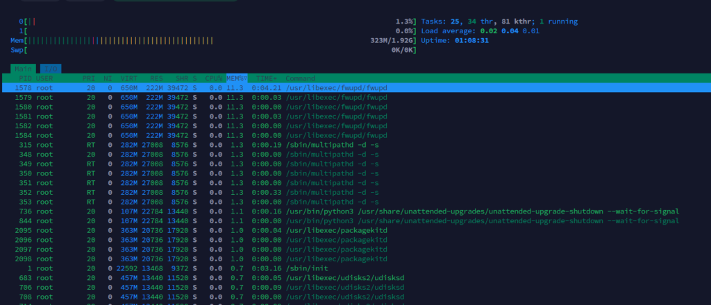 Chạy lệnh htop để kiểm tra tài nguyên