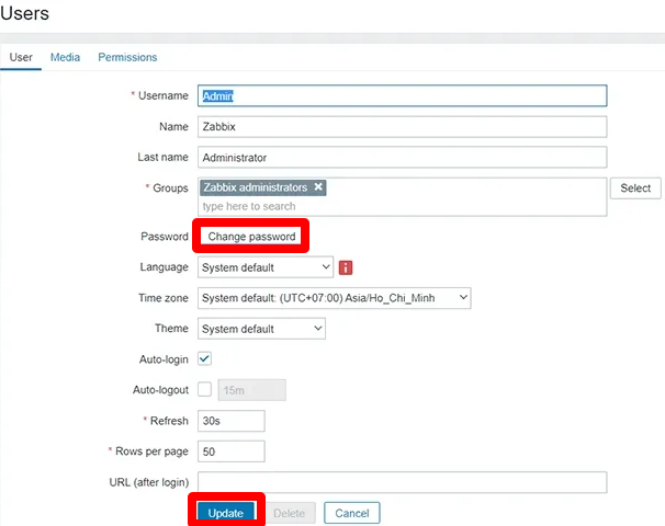 Chọn Change password để thay đổi mật khẩu mặc định
