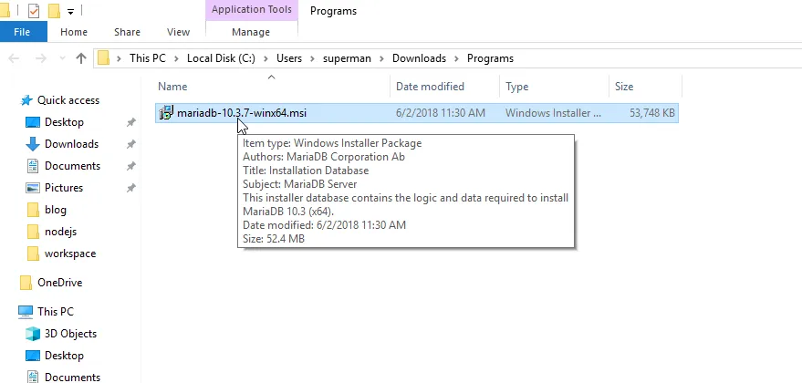 Chọn vào file MariaDB vừa tải về