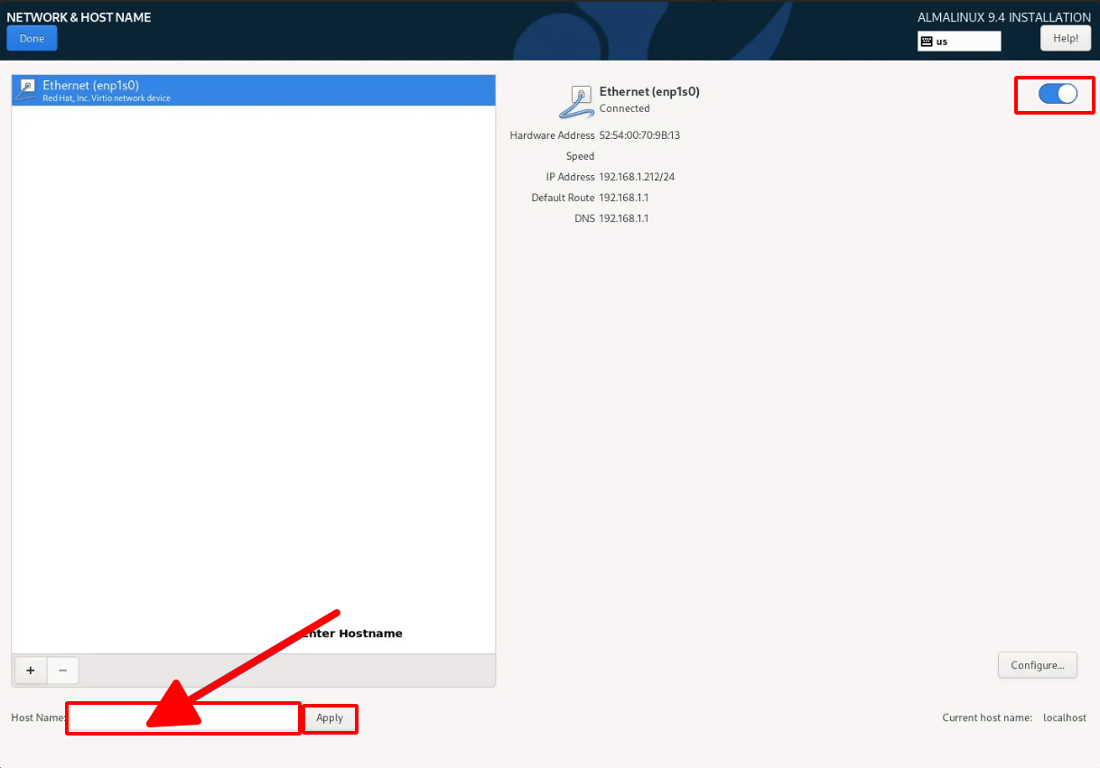 Điền Host name và bật công tắc ON tại card mạng Ethernet
