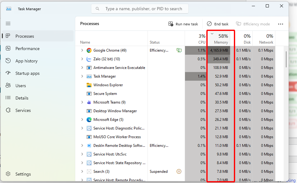 Đóng các tiến trình ngốn RAM qua Task Manager