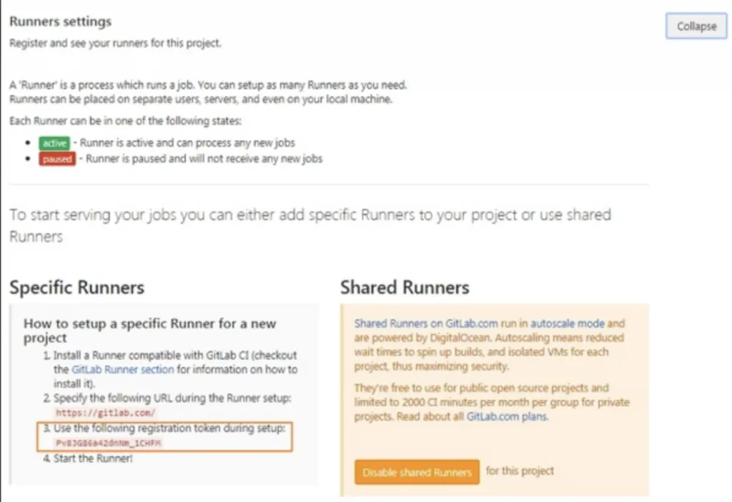 Lấy Token trong Runners Settings