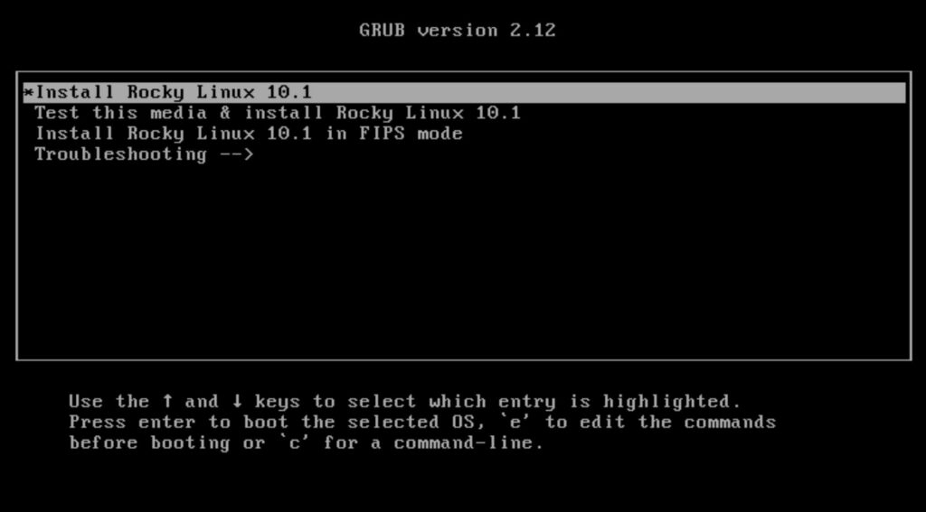 Màn hình chờ chọn Test this media & install Rocky Linux 10.1