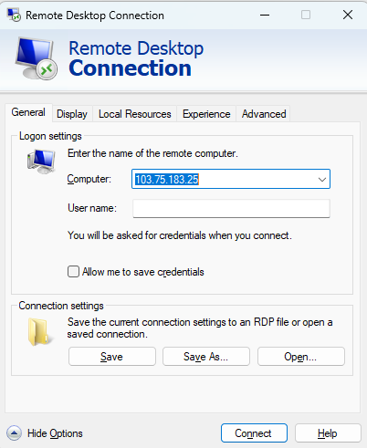 Mở Remote Desktop Connection chọn Show Options