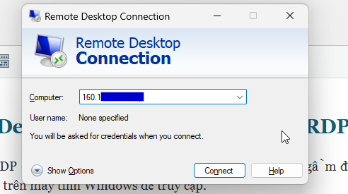 Mở Remote Desktop Connection