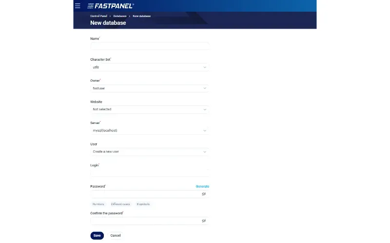 Nhập thông tin Database FastPanel