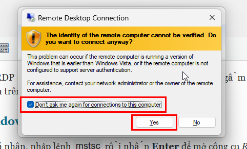 Tắt cảnh báo kết nối Remote Desktop Connection