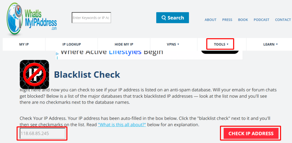 Tra cứu IP Blacklist bằng WhatIsMyIPAddress