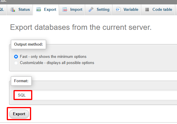 Nhấn Export để tải file .sql về máy tính