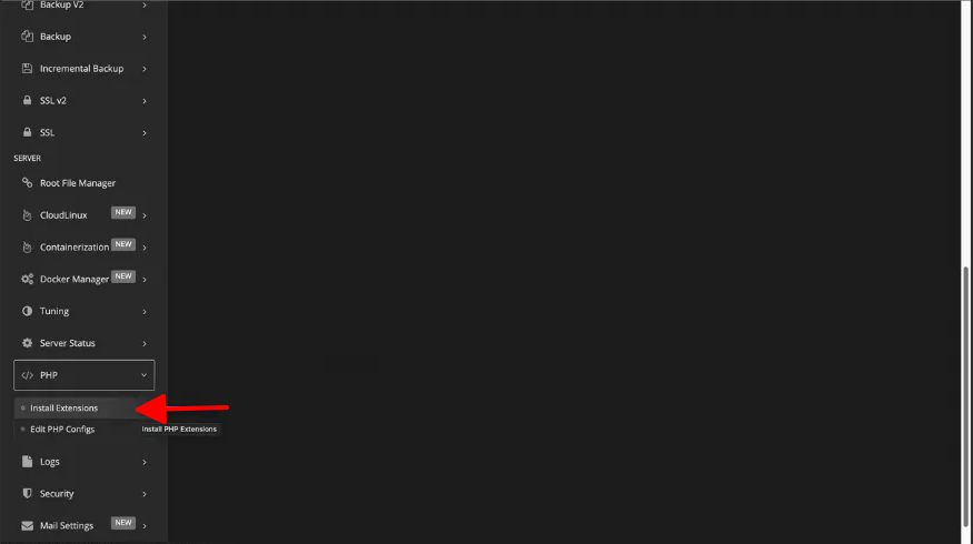 chọn PHP và Install Extensions