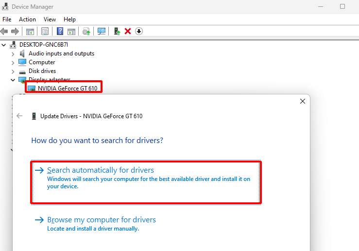chọn Update driver và chọn Search automatically for drives