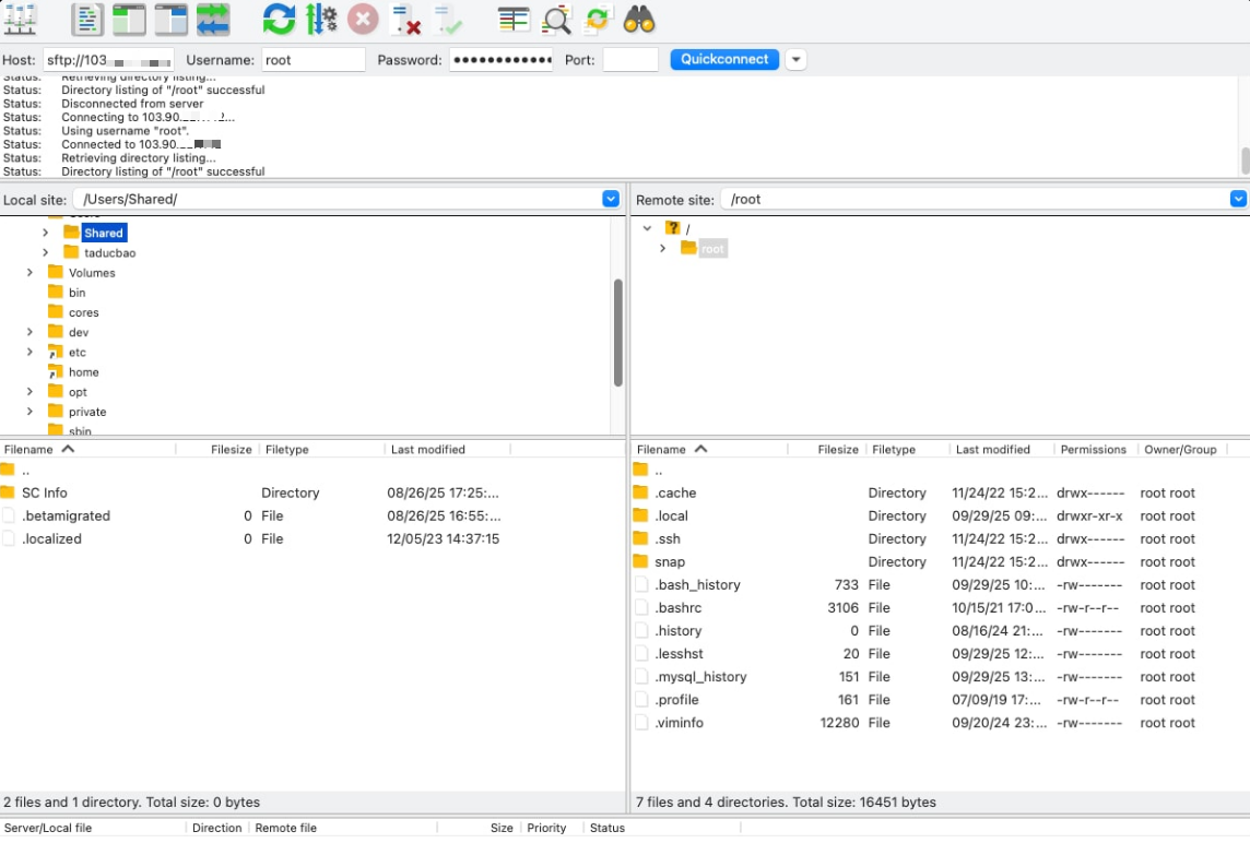 giao diện điều khiển của FileZilla