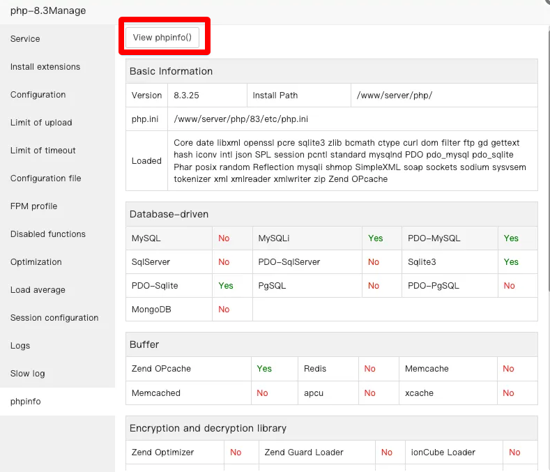 mục quản lý PHP và chọn tab phpinfo
