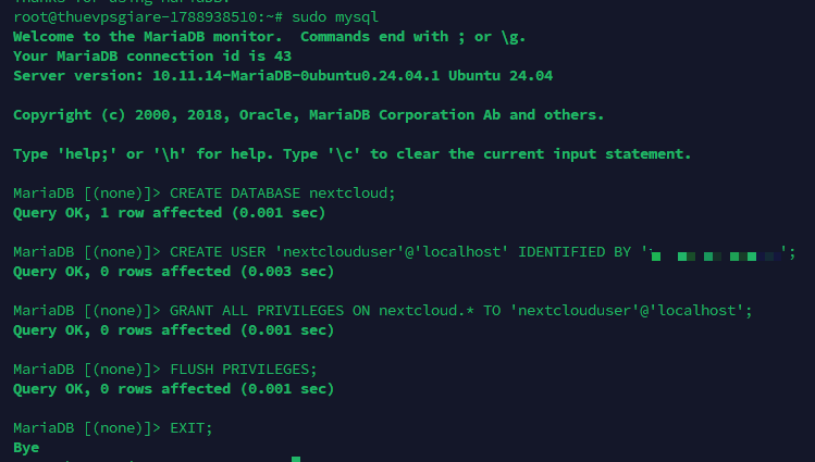 Khởi tạo Database và phân quyền người dùng cho Nextcloud