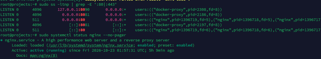 Nginx đang lắng nghe trên cổng 80