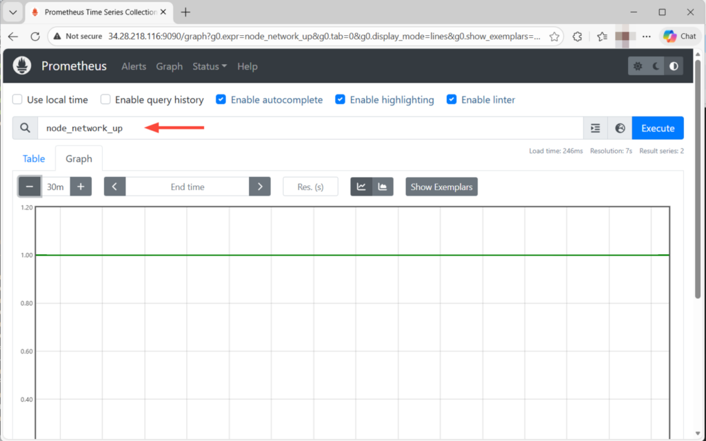 chọn node_network_up – metric cung cấp thông số uptime của node