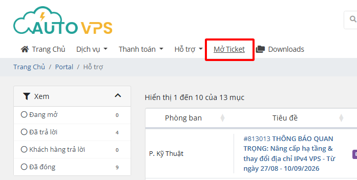 Chọn mục mở Ticket