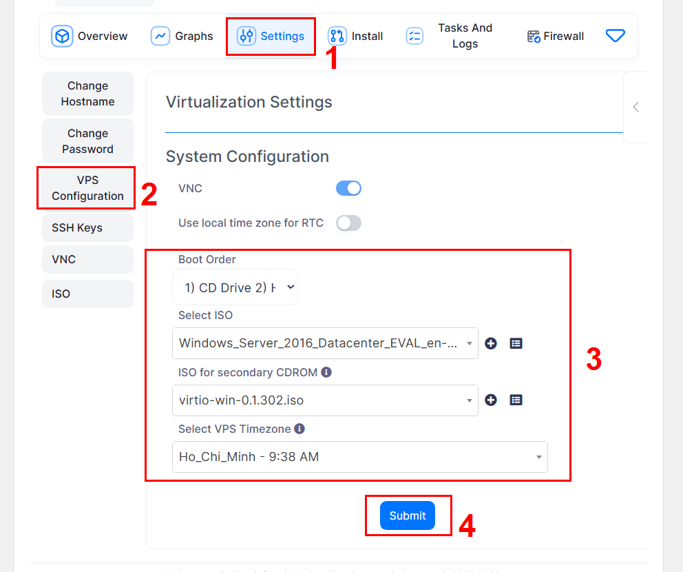 Cấu hình Boot Order và mount ISO Windows Server cùng driver VirtIO trên VPS Fast Byte