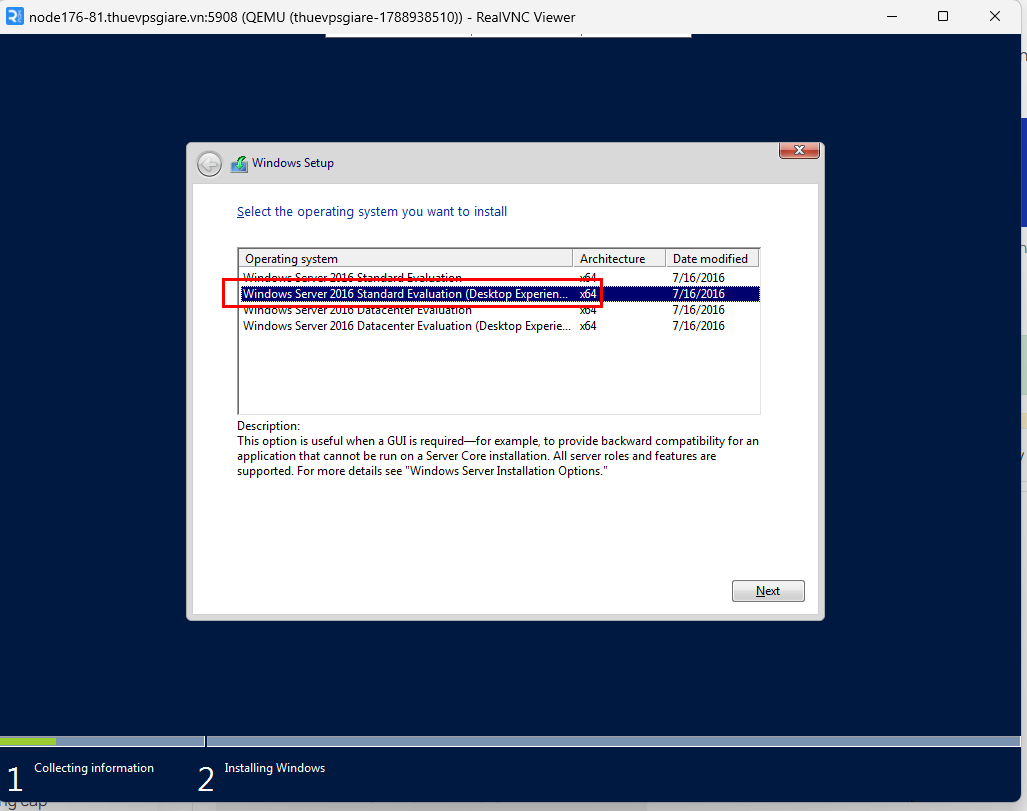 Lựa chọn Windows Server Desktop Experience khi cài đặt trên VPS