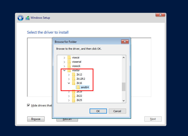 Chọn thư mục viostor 2k16 amd64 để nạp driver ổ cứng VirtIO