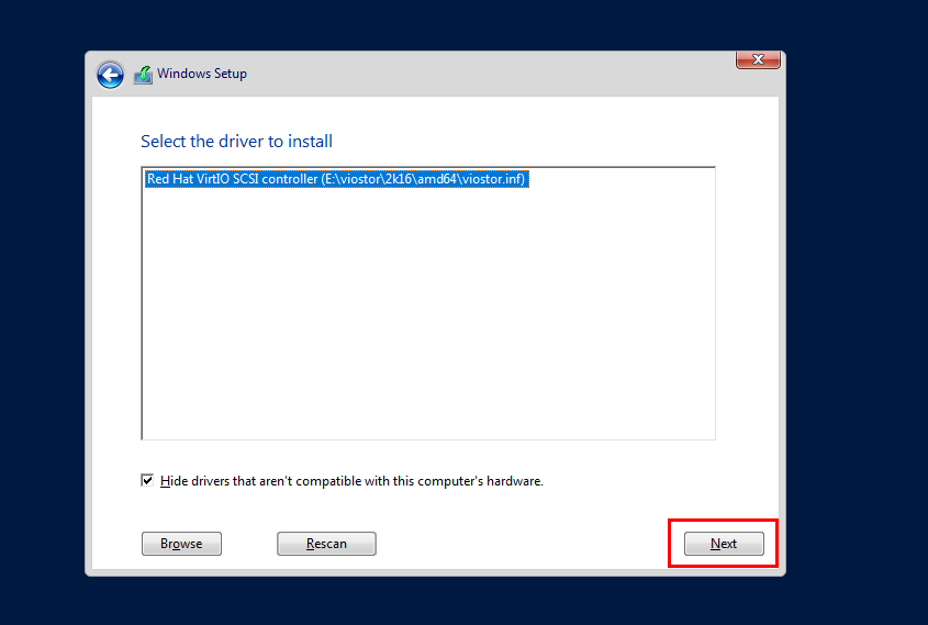 Xác nhận driver Red Hat VirtIO tương thích để Windows nhận diện ổ cứng