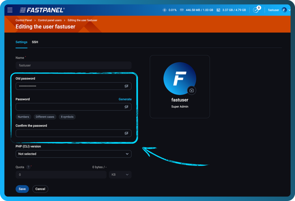đặt lại mật khẩu FASTPANEL